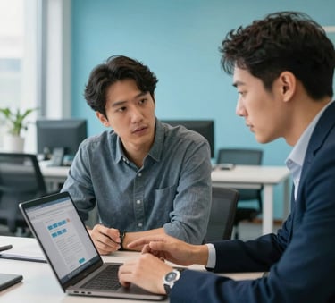 A collaborative meeting in a bright North American / US office space where two professionals discuss website strategy over a laptop, featuring sea blue decor.