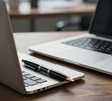 A close-up of a professional desk in a North American office setting. On the desk is a sleek laptop and a high-quality pen, with a blurred background showing a sophisticated workplace, emphasizing precision and reliability.