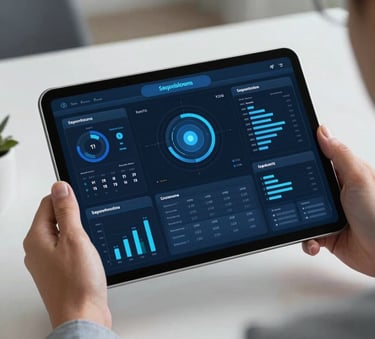 A sleek, professional photograph of a high-tech tablet screen displaying a security dashboard with navy and steel blue data visualizations, held by a person in a modern North American office setting.
