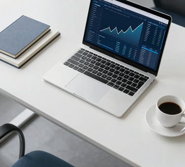 A top-down view of a minimalist, modern office desk with a clean laptop showing a data dashboard with rising charts, a notebook, and a coffee cup, in a bright North American office with soft natural lighting and sophisticated blue and white accents.