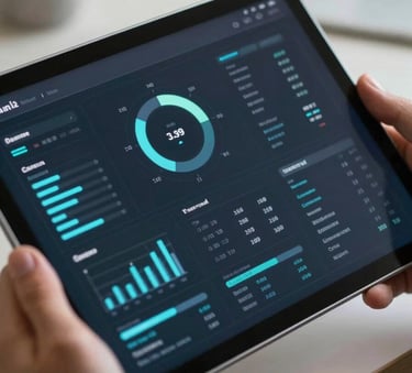 A close-up photography shot of a sleek, high-tech digital interface on a tablet screen, held by a person in a South American / Brazilian corporate setting. The interface shows clean, professional data visualization with soft cyan and dark blue glowing accents. Minimalist and premium atmosphere.