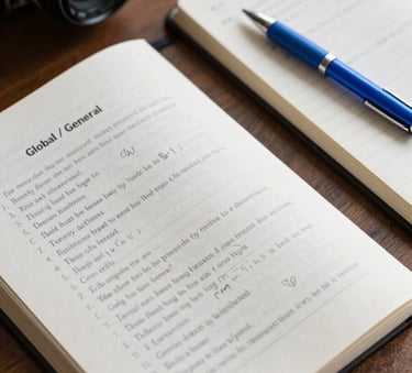 A high-angle, close-up shot of a well-organized workspace featuring a clean textbook, an open notebook with neat handwriting, and a sleek blue pen, natural indoor lighting, Global / General.