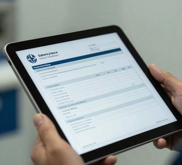 A close-up of a digital tablet displaying a technical safety inspection report, held by a hand in a South American / Brazilian industrial setting, with muted slate blue and pale misty white tones in the background.