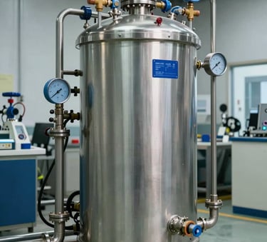 A sophisticated industrial reverse osmosis system with stainless steel housing and blue pressure gauges, located in a clean South Asian industrial park.