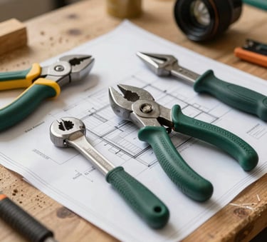 Close up of high-quality professional handyman tools and architectural blueprints on a wooden workbench, warm natural lighting, sand and muted green tones, Latinoamericano setting.