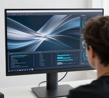 A bright, airy North American studio. A professional is seen from behind, looking at a large monitor showing an abstract, intelligent data visualization with shades of medium blue and soft silver-grey.