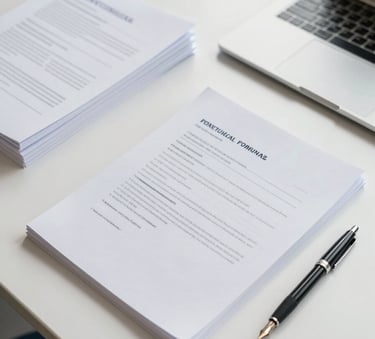 A top-down professional photograph of a clean, minimalist desk in a modern Portuguese office. There are neatly stacked white documents, a high-quality fountain pen, and a laptop. The lighting is bright and natural, reflecting a sense of efficiency and organization. The color palette features hints of Medium Blue and Off-White.
