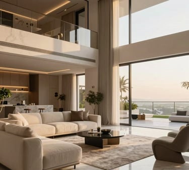 A wide-angle interior photograph of a modern, high-end villa in Dubai. The space features white marble floors and contemporary furniture, bathed in soft golden hour light coming from the terrace.