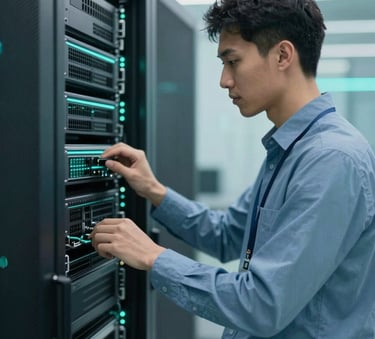 A professional IT technician working on a high-tech network server rack in a clean, modern data center. The lighting is soft and professional with hints of #3E6B89 and #9ABACF, creating a reliable and high-tech atmosphere.