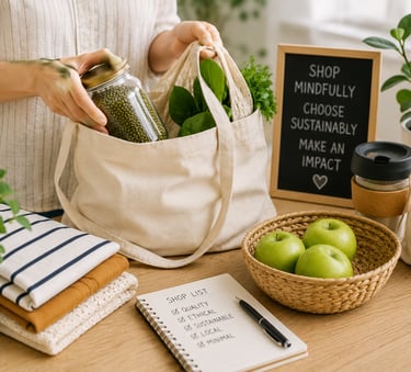 Mindful shopping choices including reusable bags, sustainable products, and locally sourced goods.
