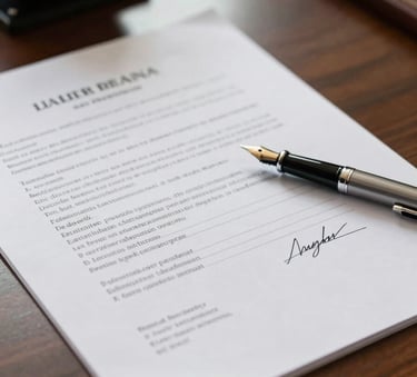 Close-up of signed legal documents and a fountain pen on a polished desk in a South American law office, with soft natural light highlighting textures of the paper.