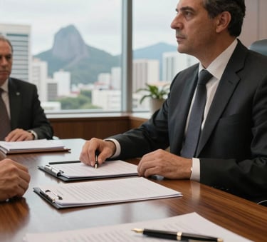 A close-up photograph of a formal legal meeting in a high-end Brazilian office. A wooden table with documents and a fountain pen, with soft natural light entering from a large window showing a South American urban skyline.