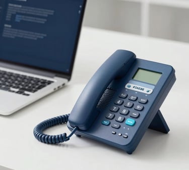 Close-up of a professional desk with a laptop and a high-end VoIP phone. The scene is clean, organized, and professional, utilizing brand colors #3A6389 in the device accents and #7DA9CD in the soft lighting.