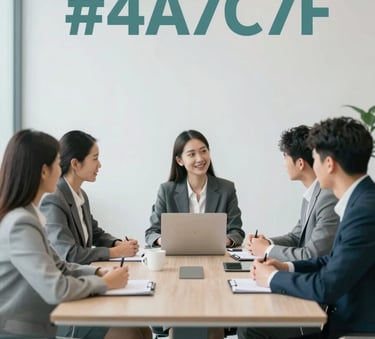 A professional business meeting in a bright, modern office with minimalist furniture. The color palette features soft teals (#4A7C7F) and greys, reflecting a trustworthy corporate environment.