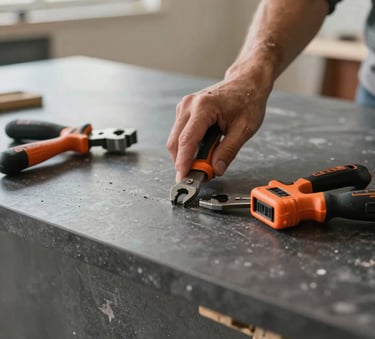 Close-up photography of a renovation in progress in a North American / US (Los Angeles) home, showing a hand using tools on a new dark gray countertop installation, construction orange and steel blue tools visible in the frame.