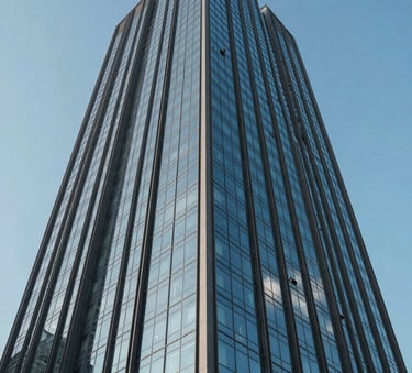 A low angle, high-resolution architectural photograph of a modern glass skyscraper in Lahore, Pakistan, reflecting the bright sky blue of a clear day against sleek dark grey steel frames.