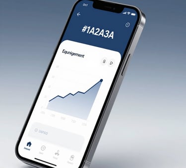 A sleek, modern mobile interface displayed on a high-end smartphone. The screen shows a clean dashboard with minimalist graphs and elegant typography. The background incorporates #1A2A3A and #3D5A73 tones with soft, professional studio lighting.
