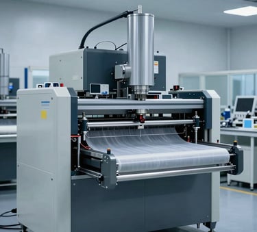 Wide shot of a specialized fabric coating machine in a high-tech South Asian facility, clean slate gray floors, soft blue ambient light, focus on precision engineering.