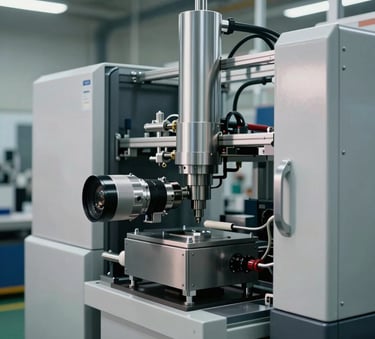 High-precision photography of a clean, modern manufacturing facility for home appliances in Central Europe, featuring sleek metallic components and advanced machinery, soft industrial lighting.