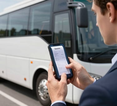 A Western European person holding a smartphone next to a modern coach bus, capturing a photo of a receipt in bright daylight, professional attire.