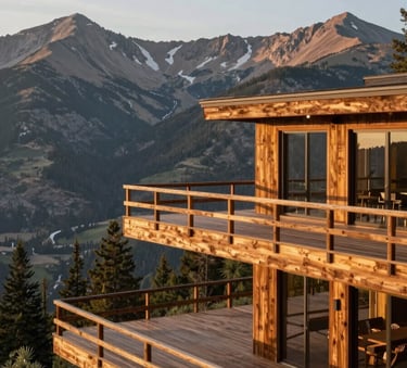 A wide-angle professional photograph of a contemporary multi-level redwood deck overlooking the Colorado Rocky Mountains. The lighting is warm golden hour, highlighting the wood brown and sage green tones of the surrounding landscape. The style is clean and modern.