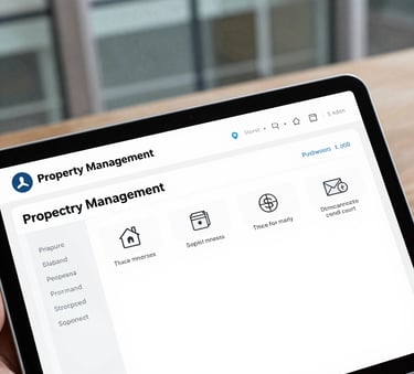 A detailed close-up of a high-resolution tablet showing a clean property management software interface. The device is being used in a professional North American setting with modern glass and steel architectural details in the background.