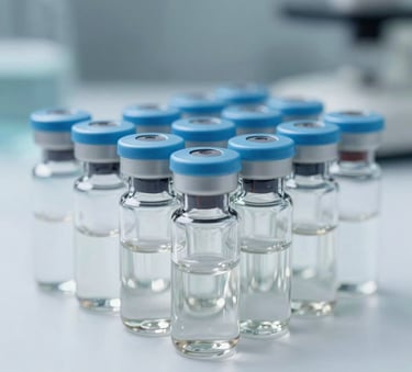 Professional macro photography of glass injection vials with light blue caps arranged in a symmetrical row on a clean white clinical surface.
