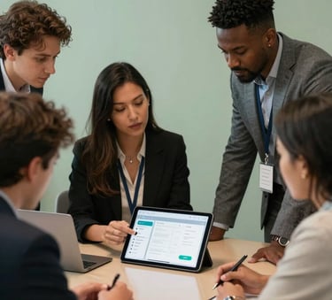 A diverse team of professionals in a North American / US meeting room collaborating on a mobile application design shown on a glass tablet, soft sage green lighting, professional attire.