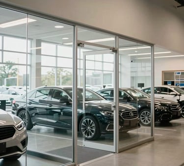 A wide-angle, bright shot of a professional North American motor vehicle agency interior with glass partitions and clean architectural lines, exuding a sense of organized efficiency.