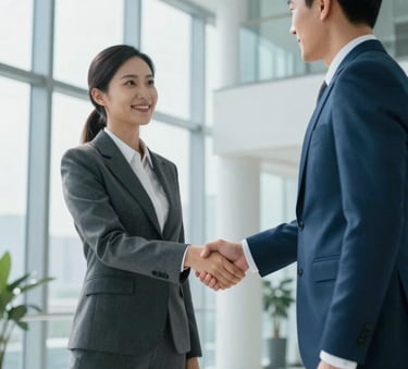 Two professionals in business attire shaking hands in a bright, modern office foyer with large windows and clean lines in shades of pale azure and steel blue.