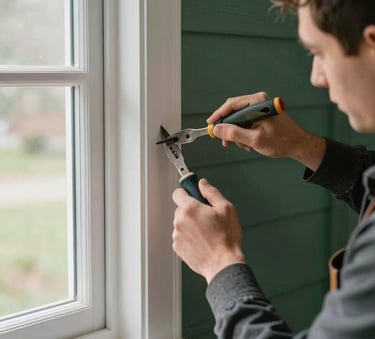 A skilled professional installing a traditional New England style white window frame in a North American home, focusing on precise hand tools and craftsmanship, natural morning light, mist white and deep forest green accents.