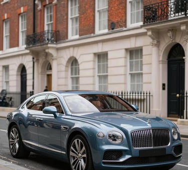 A polished slate blue luxury car parked on a prestigious London street with classic brick architecture in the background, sharp professional automotive photography, Northern European / British setting.
