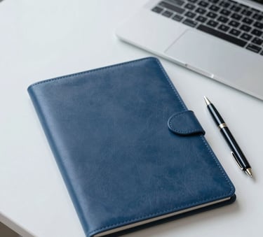 A top-down view of a tidy professional workspace featuring a high-quality leather folder, a classic pen, and a laptop showing financial reports. The aesthetic is sophisticated and minimalist, using #F5F8FA and #0E2C4A highlights.