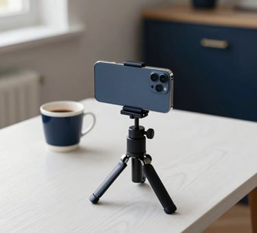 A high-end, minimalist mobile content creation setup on a white oak desk. A premium smartphone sits on a sleek tripod next to a designer coffee cup. Soft morning light in a Northern European apartment, sophisticated and clean aesthetic with deep navy and gold accents.