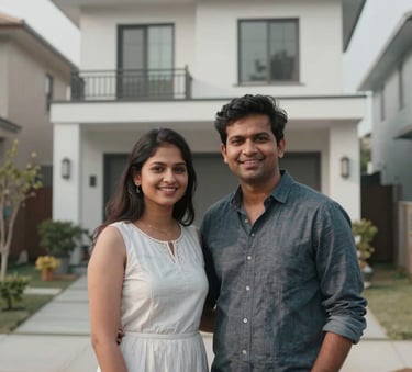 A happy young South Asian / Indian couple standing in front of a contemporary suburban house in an Indian city, symbolizing successful home loan approval, with soft natural lighting and silver mist tones.