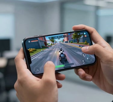 A close-up of hands holding a modern mobile device playing a high-end mobile game with fluid motion, set in a professional Global / Tech Industry office environment, with Steel Blue and Sky Blue highlights in the background lighting.