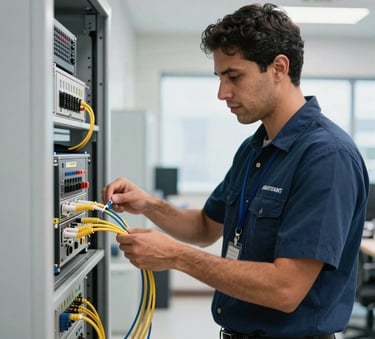 A professional telecom technician in a corporate uniform working with fiber optic equipment in a modern facility, Latin American office setting, bright natural light, with navy blue and grey tones.