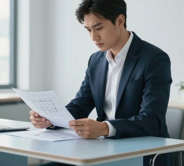 A focused professional in business attire reviewing architectural plans in a bright, modern North American / US corporate office. The setting features pale steel blue furniture and soft mist white walls.