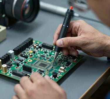 A close-up photograph of a professional technician's hands using precision diagnostic tools on an electronic circuit board, soft industrial lighting, professional setting in a South American workshop, palette of dark grey and medium blue.