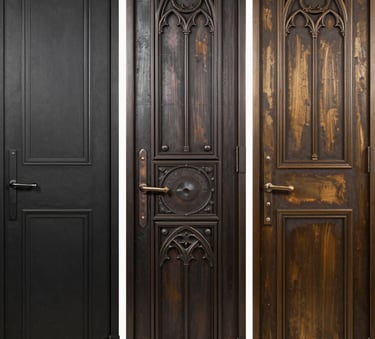 A clean, studio-style shot of three different iron door panels showcasing modern, traditional, and gothic styles. The finishes range from deep charcoal black to a rich bronzed earth patina.