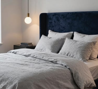A serene master bedroom featuring a velvet headboard in deep navy, soft linen bedding in light gray, and designer pendant lighting. Elegant, minimalist atmosphere, North American luxury suite.