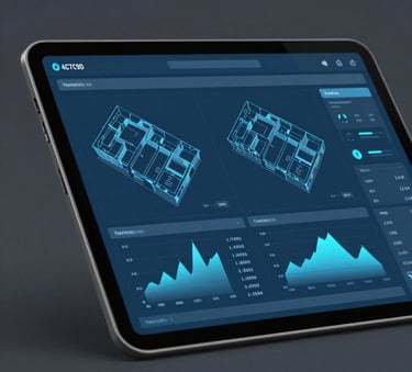 A high-tech digital tablet showing architectural data visualizations and property structural health charts. The interface features Turkish Blue (#4C7C9D) and soft blue accents, set against a professional Dark Grey (#2A363B) background.