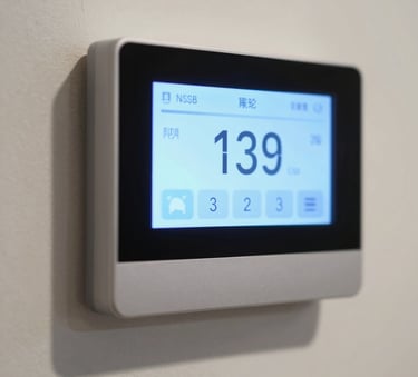 A close-up of a digital smart thermostat mounted on a clean wall in a North American / US home, displaying temperature control with a soft sky blue glow on the interface. Professional and modern efficiency style.