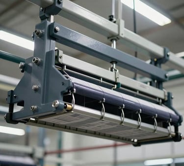 A close-up photograph of a sleek, metallic industrial hanger system transporting garments in a modern Brazilian textile factory. The lighting is bright and clean, emphasizing technical precision and the dark gray and blue tones of the machinery.