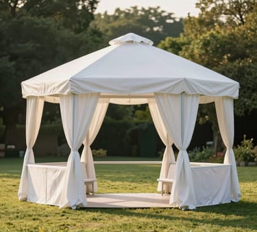A clean white event gazebo neatly set up on a manicured green lawn in Northern France, soft afternoon light, professional event setup