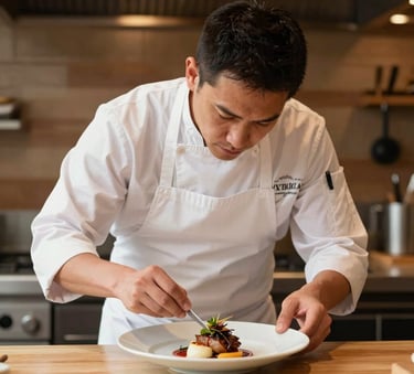 A North American chef in a clean apron carefully plating a gourmet dish in a warm, wood-accented restaurant kitchen with soft lighting.