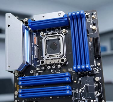 A close-up photograph of a high-performance motherboard with glowing royal blue accents, sharp focus on the metallic components, clean professional lighting, North American / US tech lab setting.