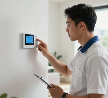 A professional HVAC technician in a crisp uniform inspecting a modern smart thermostat on a white wall in a Miami home, bright natural light, North American / US style.