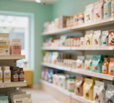 A modern, clean pet shop interior in Kolkata with shelves of colorful supplies, well-lit with warm natural light, incorporating soft touches of #A7C9A7 and #5E8E7D in the decor.