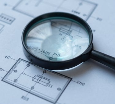 A close-up of a magnifying glass over a complex technical patent blueprint, showing intricate diagrams and mathematical formulas, lit with sophisticated blue light (#3F5E7B), clean and precise aesthetic.